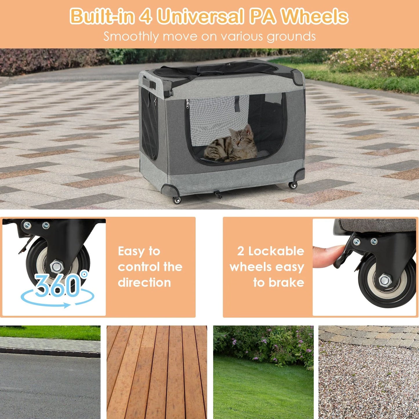 3-Door Folding Cat Carrier with Wheels and Removable Mat